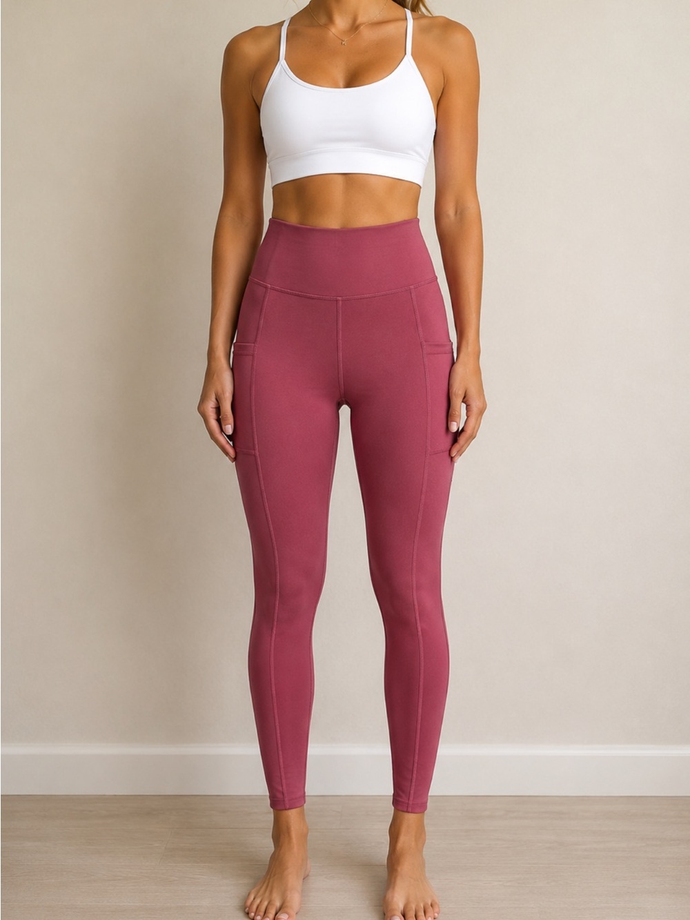 High-Waist Cropped Ankle length Pocket Leggings - Mauve Size Small
